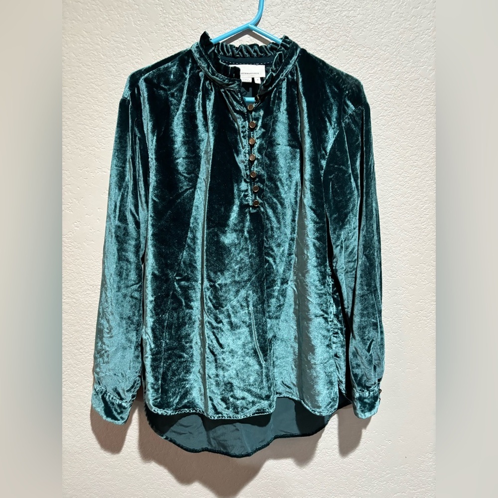 By Anthropologie Womens M Velvet Shirt Green Whimsical  Ruffle Blouse